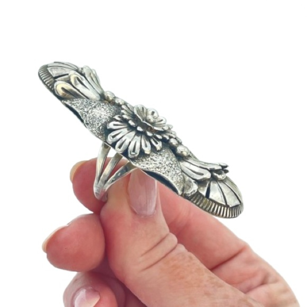 Vintage Eddy Chaco Squash Blossom Silver 3D Knuckle Ring | Handcrafted Sterling - Picture 3 of 15